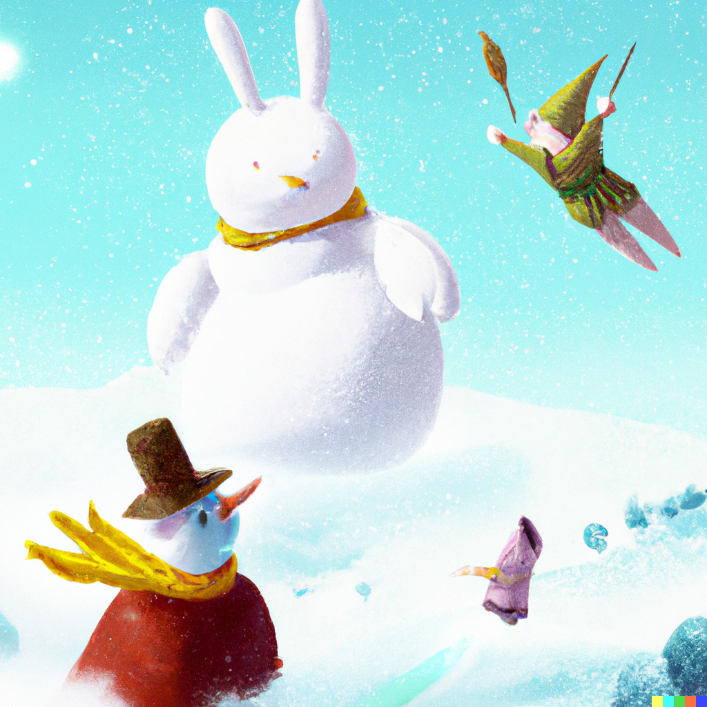 flying rabbit snowman morning in Studio Ghibli style